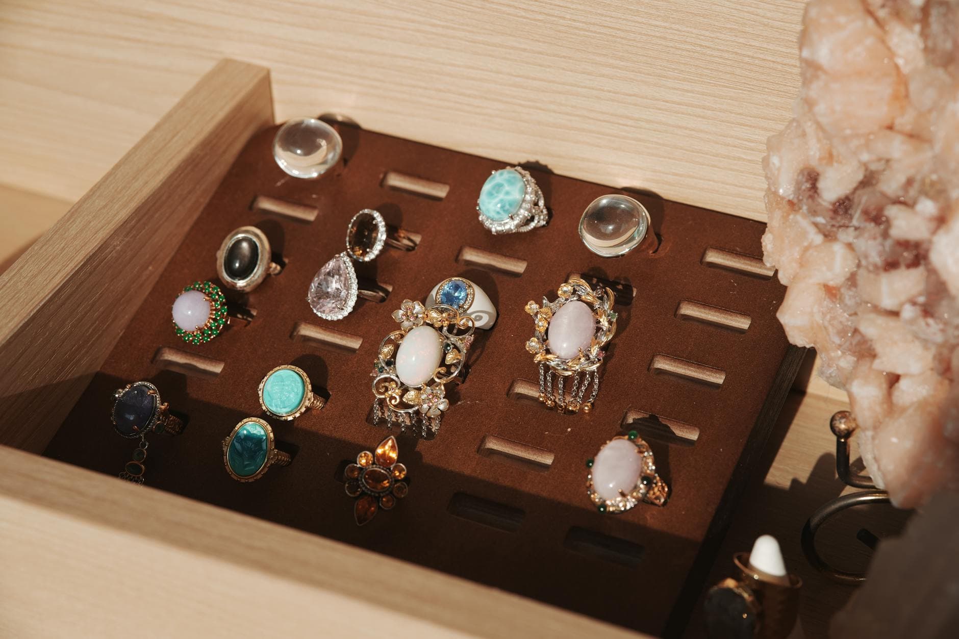 Gemstone rings in a jewelry case